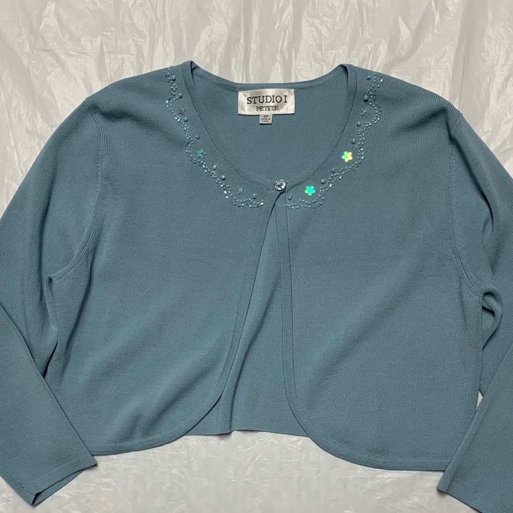 Vintage Blue Balletcore Coquette Cropped Ribbed Embellished Cardigan Sz 10P